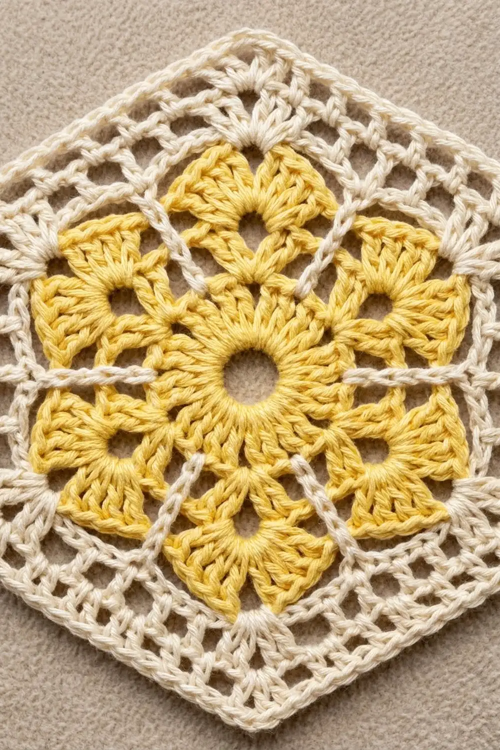 Close-up of a crocheted square with golden-yellow openwork center motif and cream border on beige linen background.