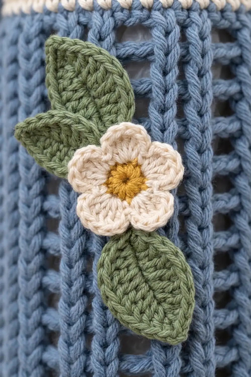 A hand-crocheted white daisy with golden center and green leaves attached to blue knitted fabric.