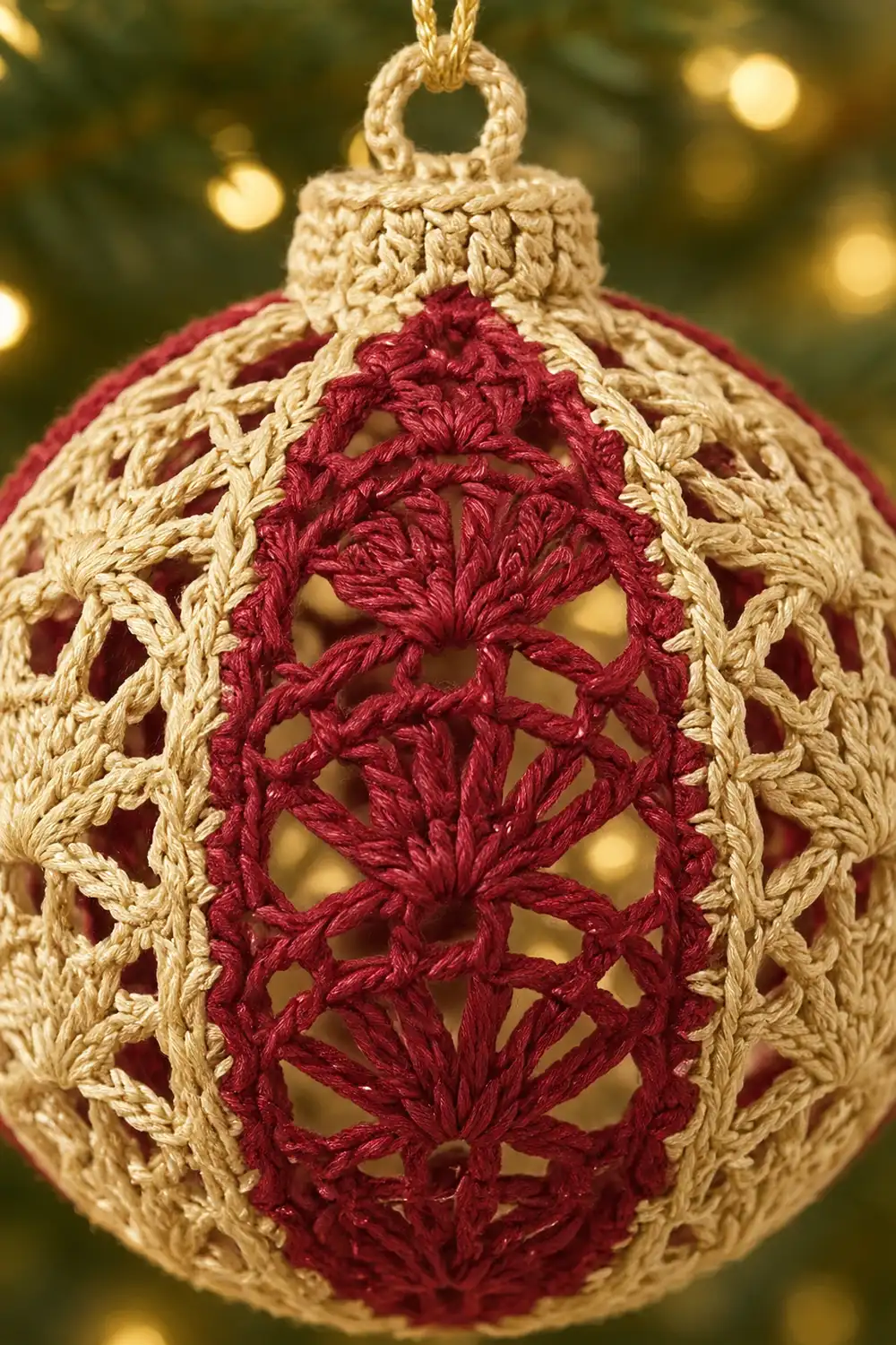 Crocheted ornament with cream and burgundy yarn in an openwork pattern, hanging with bokeh lights behind.