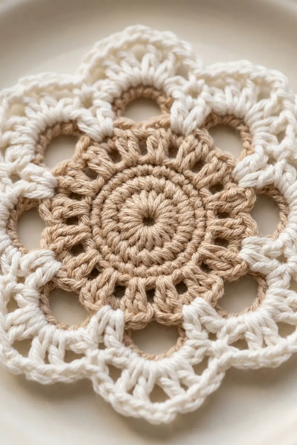 Close-up of crocheted lace trim in cream and tan, displaying intricate geometric openwork motifs.