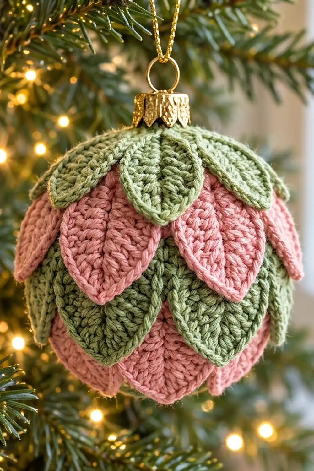 Crocheted strawberry ornament with pink petals and green leaves hanging on evergreen branches with warm golden lights.