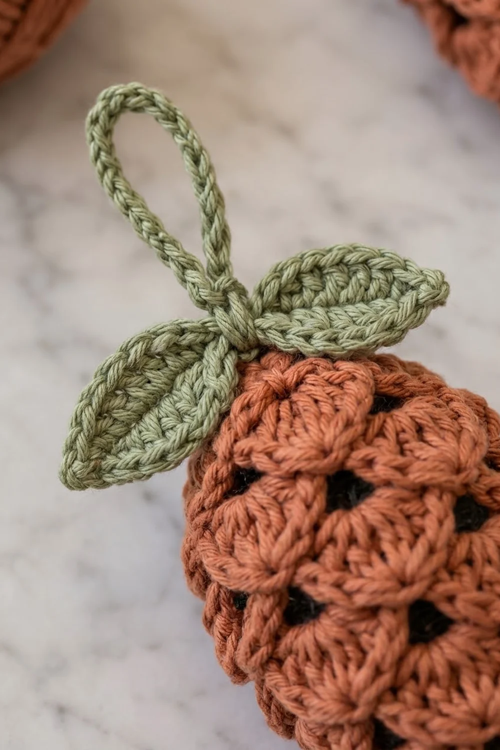 Close-up of a crocheted strawberry with rust-red body, green leaves, and black seed details on a softly blurred white background.