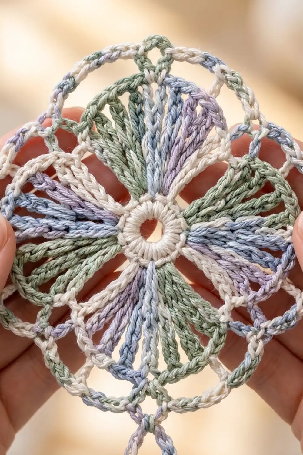 Intricate crocheted star-shaped ornament in cream, sage green, lavender, and blue held against a blurred warm background.