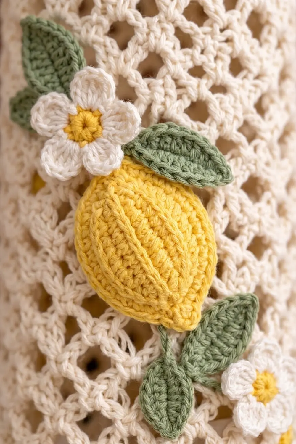 Bright yellow crocheted lemon with green leaves and white daisy flowers on cream lattice background.
