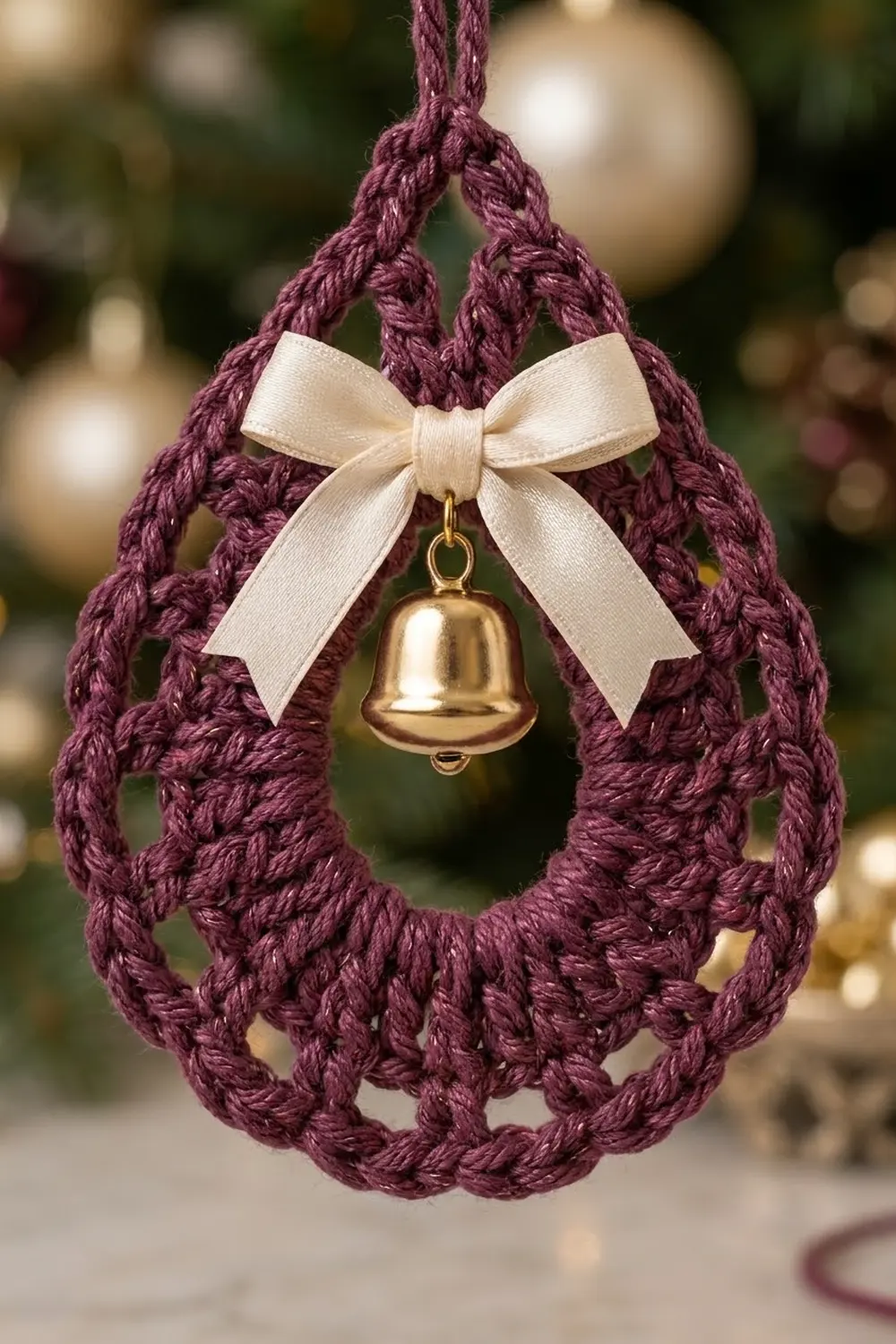 Deep purple crocheted ornament with cream bow and gold bell hanging among blurred holiday lights and greenery.