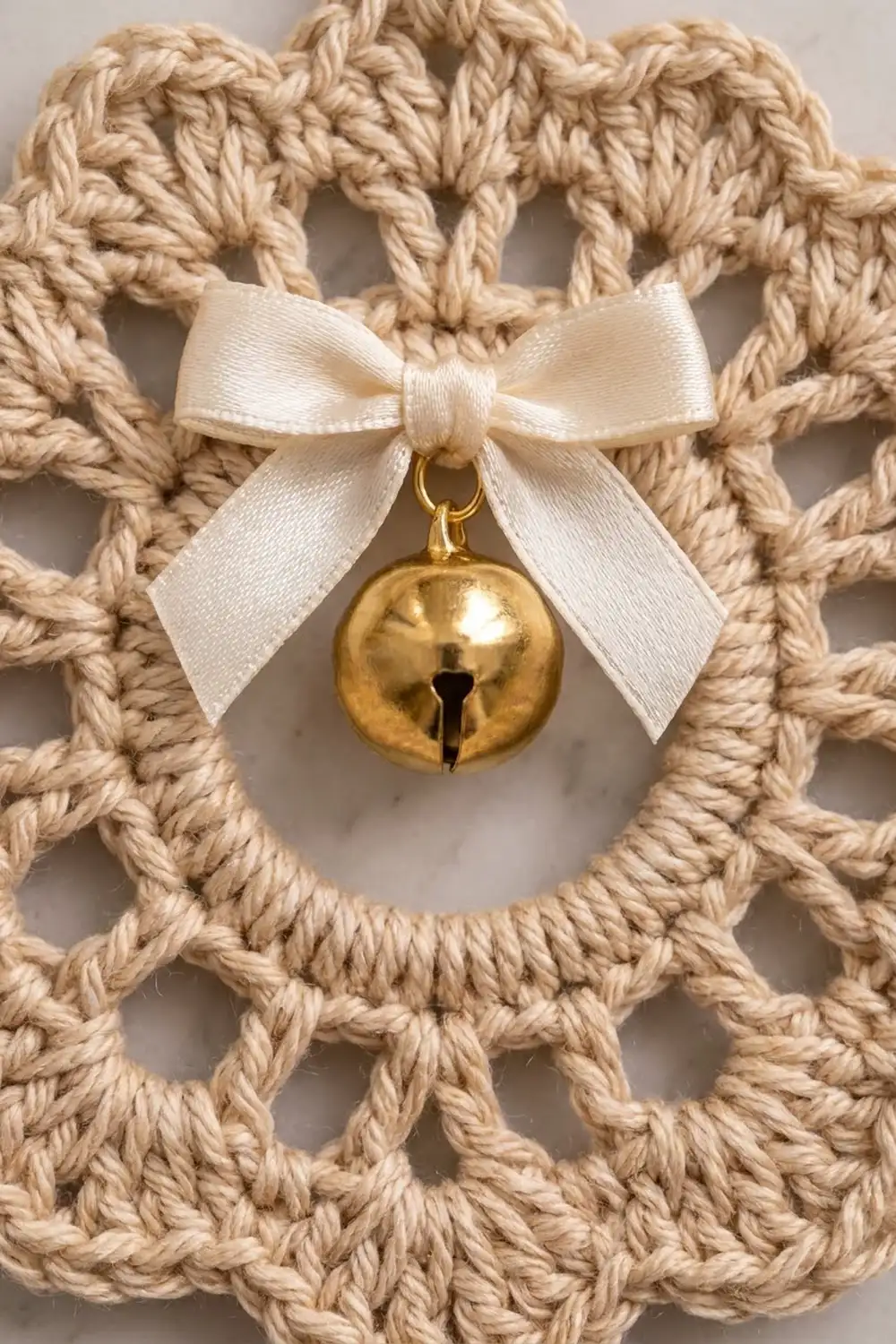 Tan crocheted wreath with cream silk bow and shiny gold bell against a light gray background.
