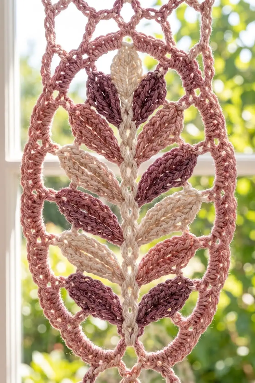 Dusty rose and cream crochet with patterned leaves hangs against a bright window overlooking a green, leafy garden.