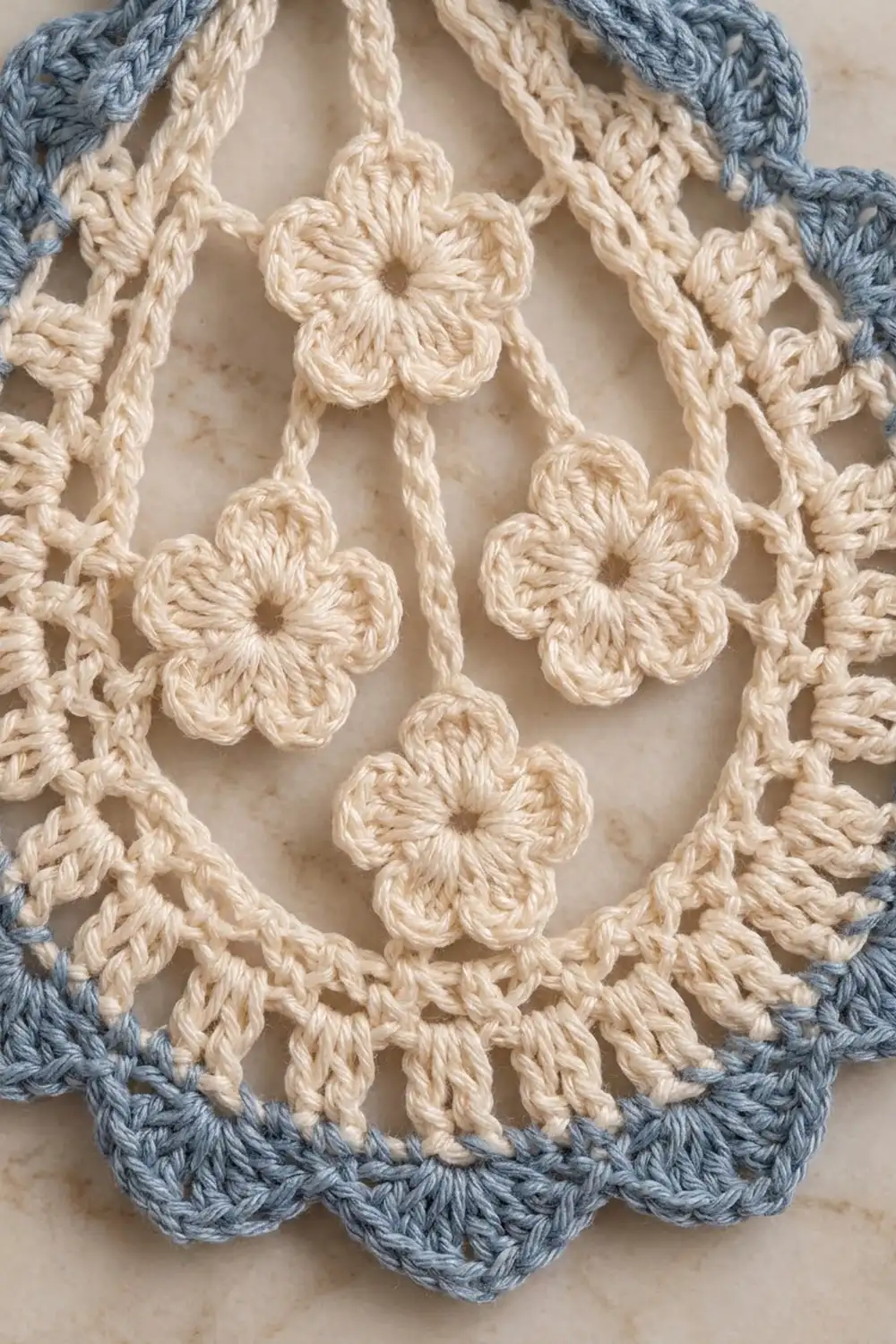 Crocheted cream-colored lace with delicate flower motifs and slate-blue edges against a neutral background.