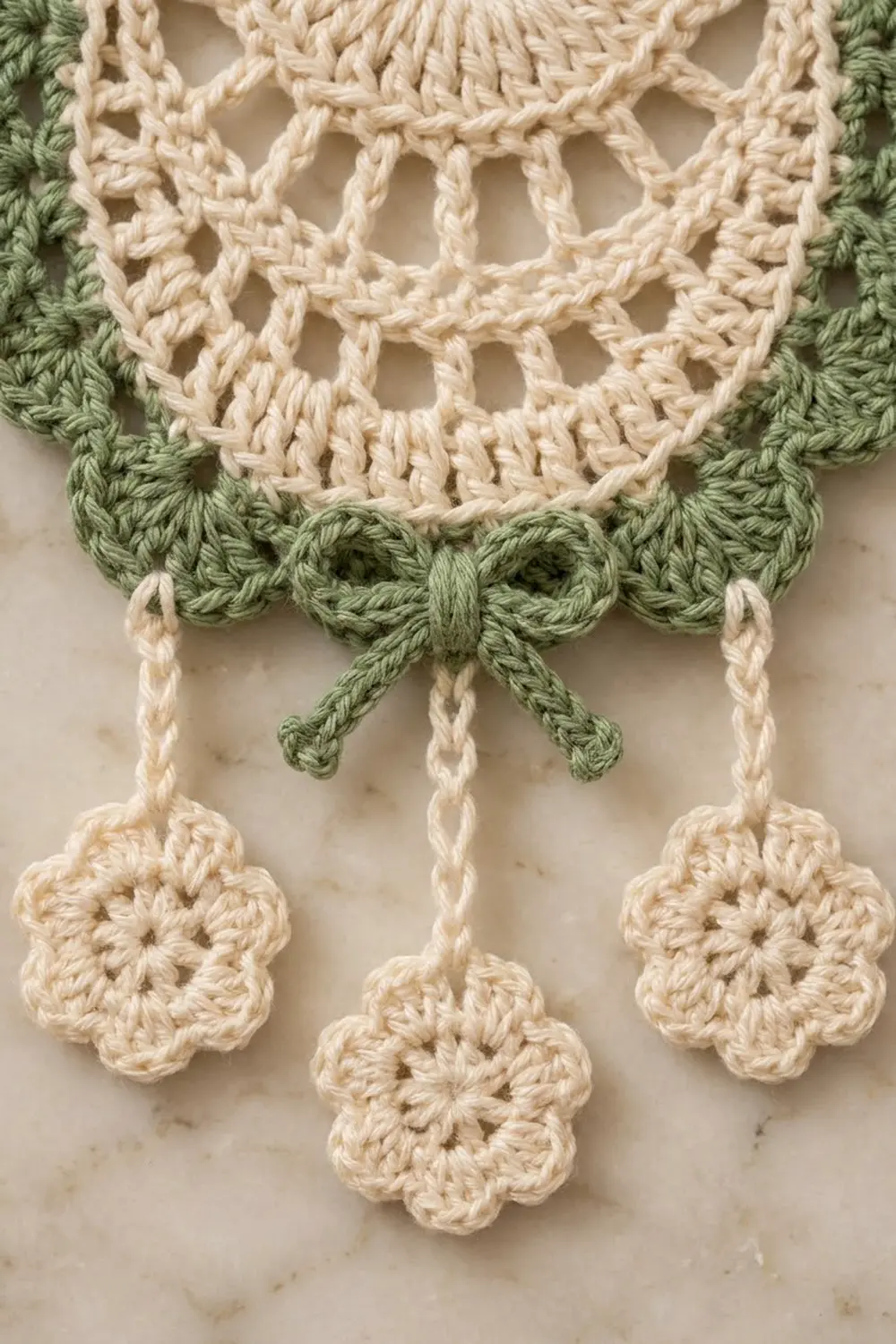 Handmade crochet doily with cream lace center, sage green border and bow, three hanging flower charms, marble backdrop.