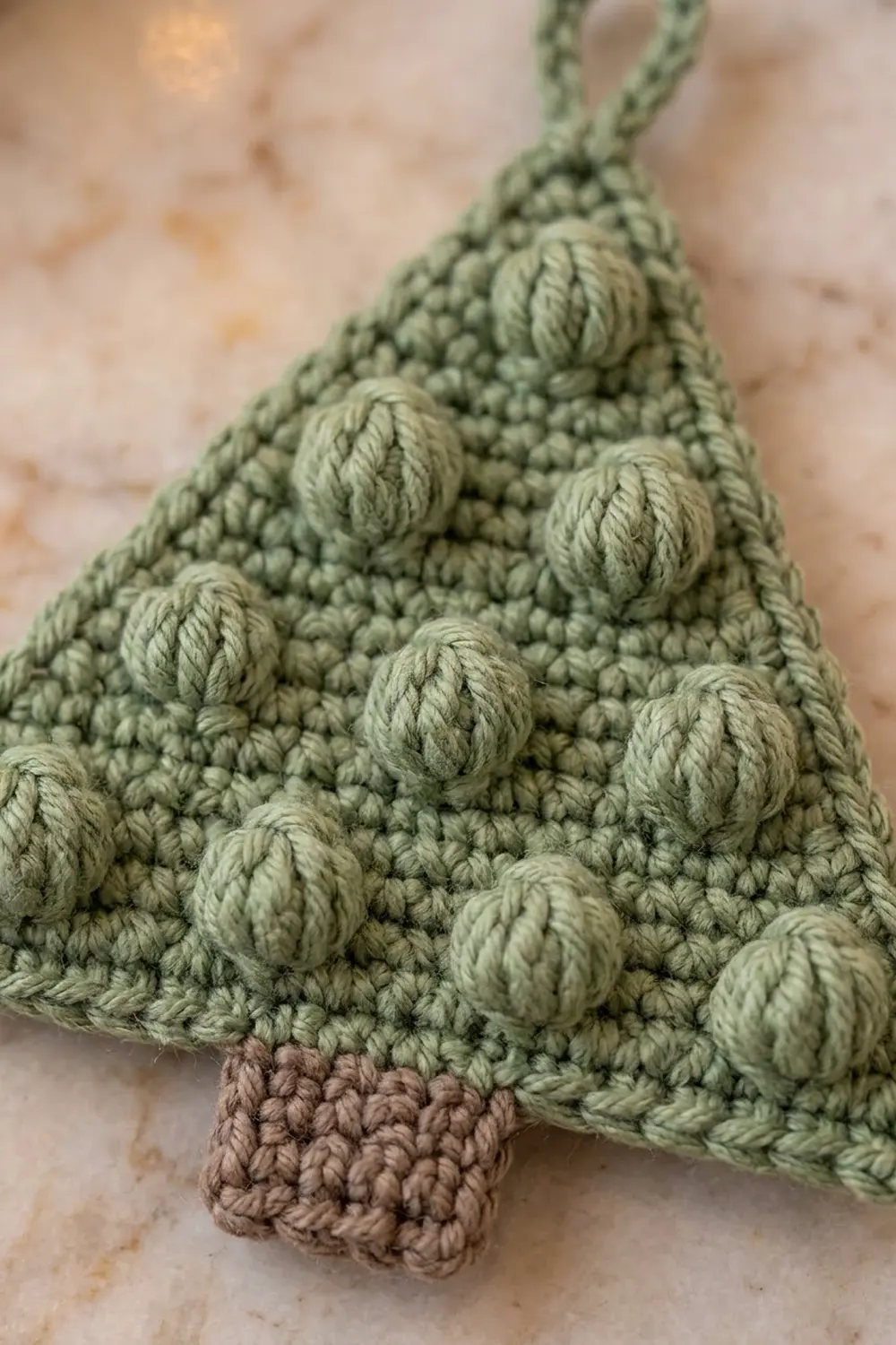 Crocheted Christmas tree ornament in sage green with textured popcorn stitches and a tan trunk, displayed on cream background.