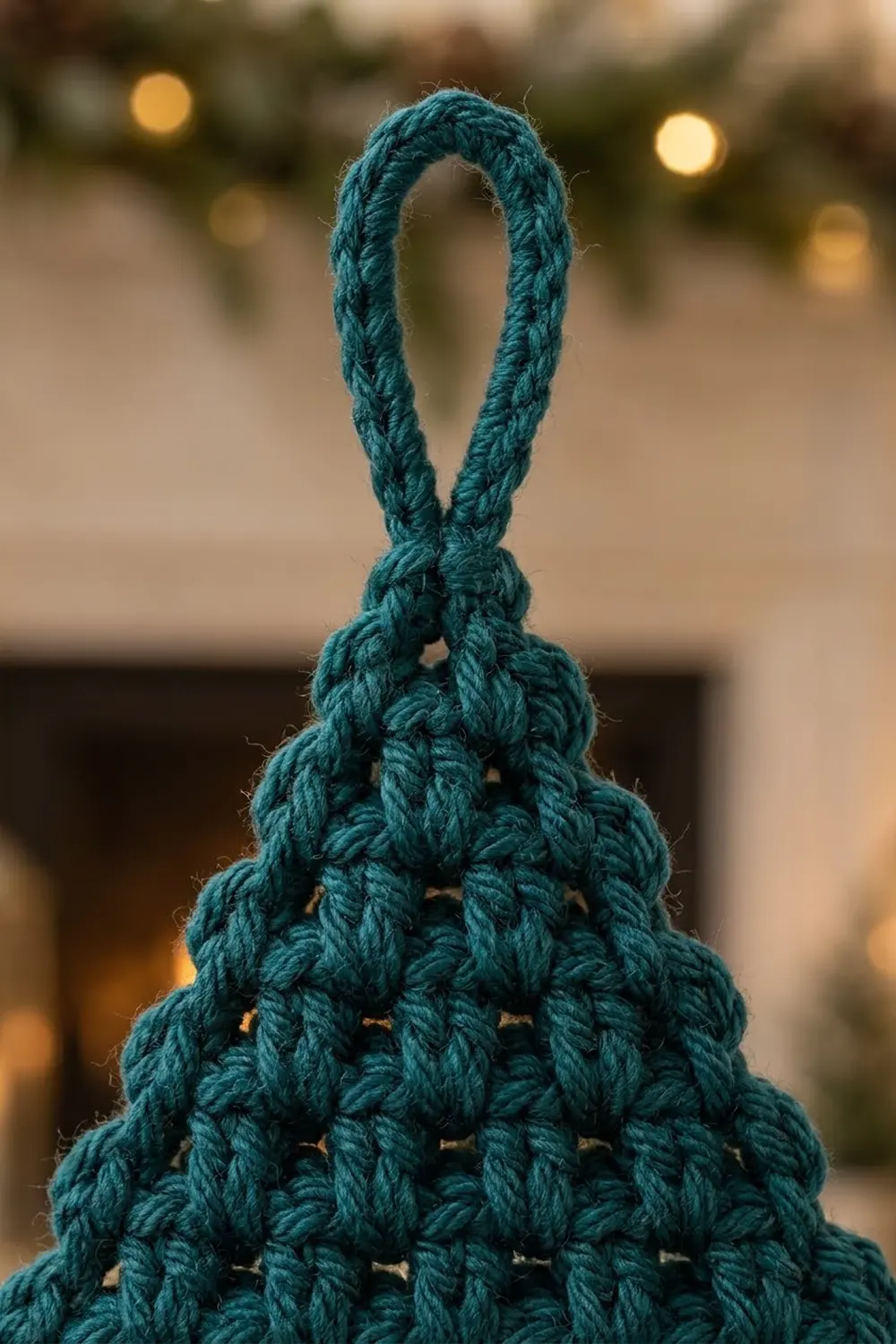 Teal crocheted tree-shaped ornament with handle loop, photographed against soft golden bokeh lights.