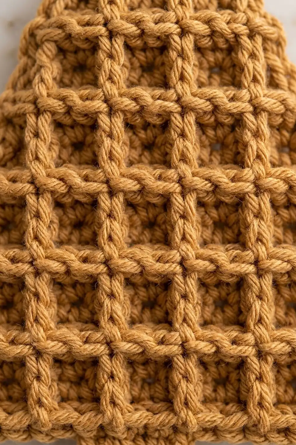 Tan crocheted fabric with open grid pattern and twisted rope-like stitches creating a textured weave.