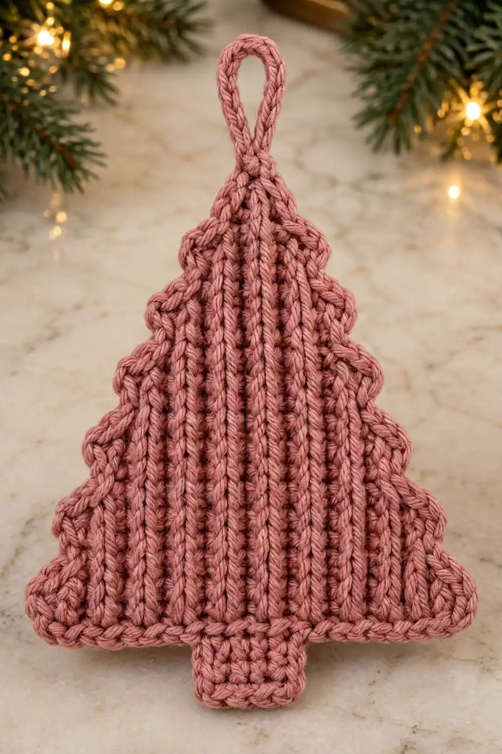 Dusty pink crocheted Christmas tree ornament with ribbed texture and hanging loop, displayed among evergreen branches and golden fairy lights.