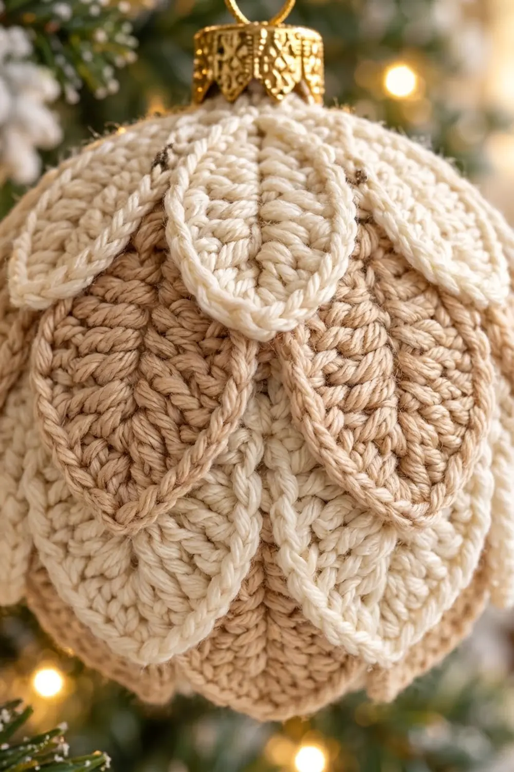 Cream crocheted Christmas ornament with cable stitch detail and gold ornate cap hanging against a soft-focus tree with warm lights.