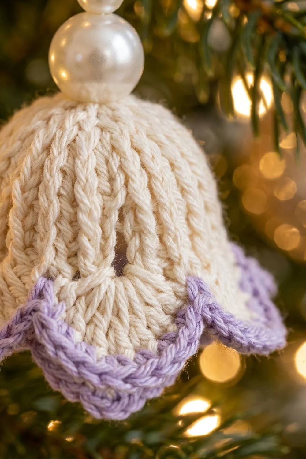 Crocheted cream bell ornament with purple cuff and pearl finial against blurred golden and green holiday lights.