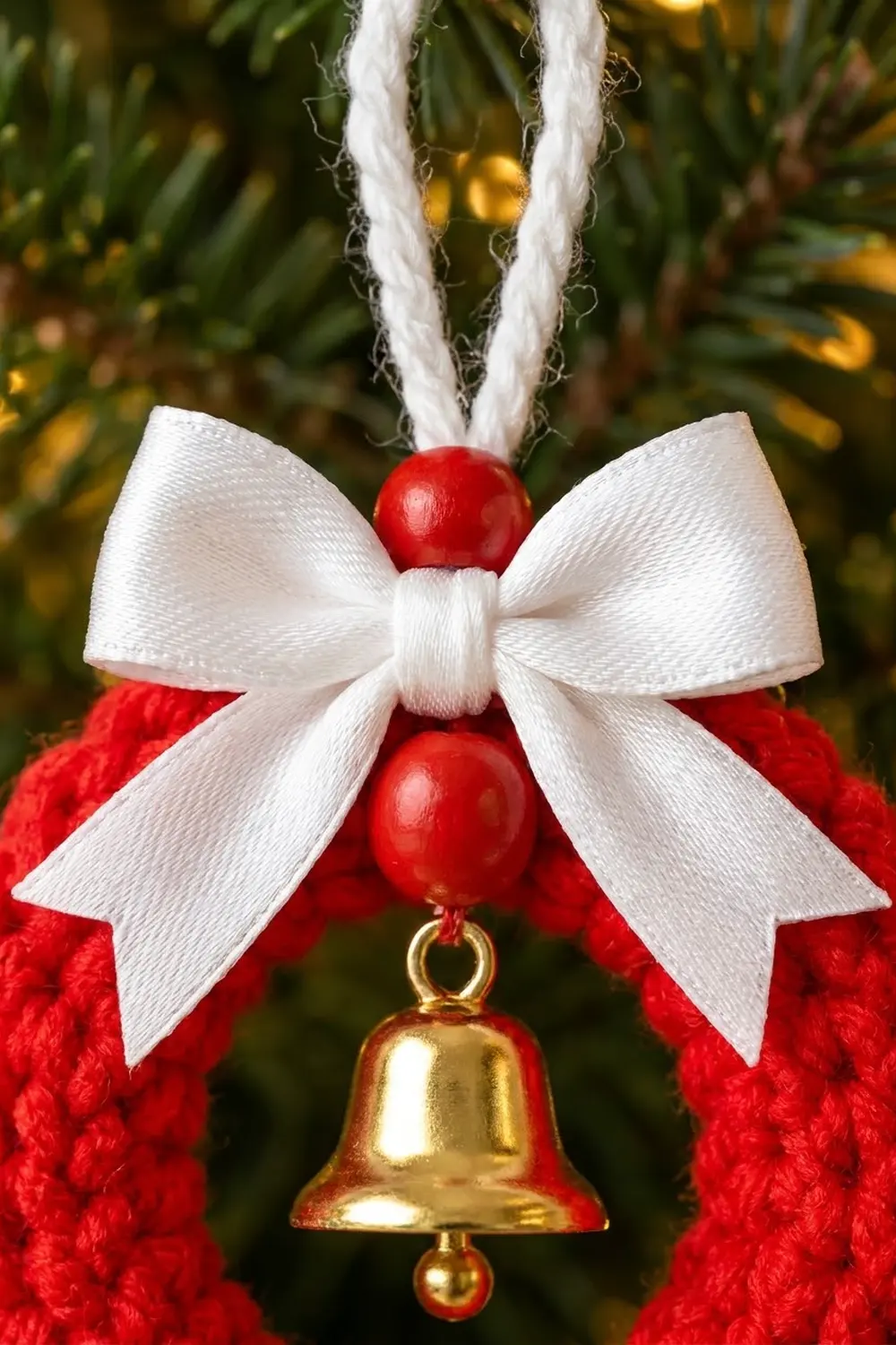 Christmas ornament detail showing white satin bow, red beads, and gold bell suspended above soft evergreen branches.