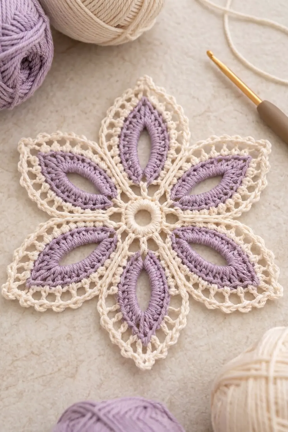 Crocheted six-petaled flower with purple bulbous centers and cream lacework edges rests on a neutral craft surface.
