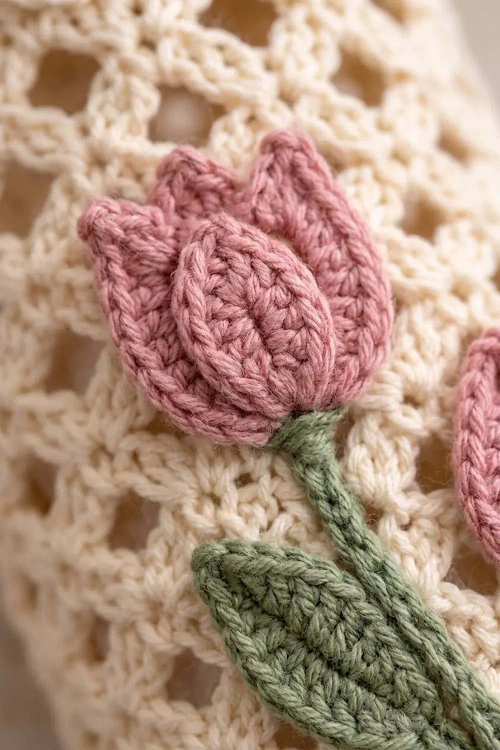 Pink crocheted flower with green stem displayed against a cream-colored openwork knit background.