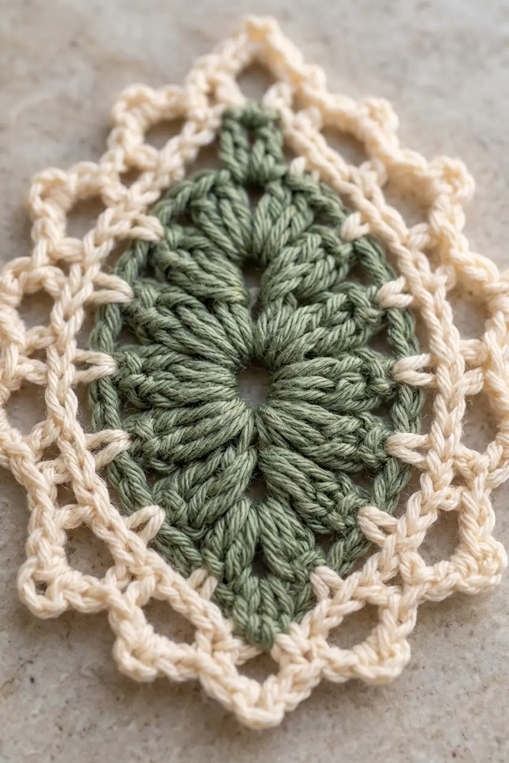 A crocheted leaf motif with sage green textured center and cream-colored lacework border.