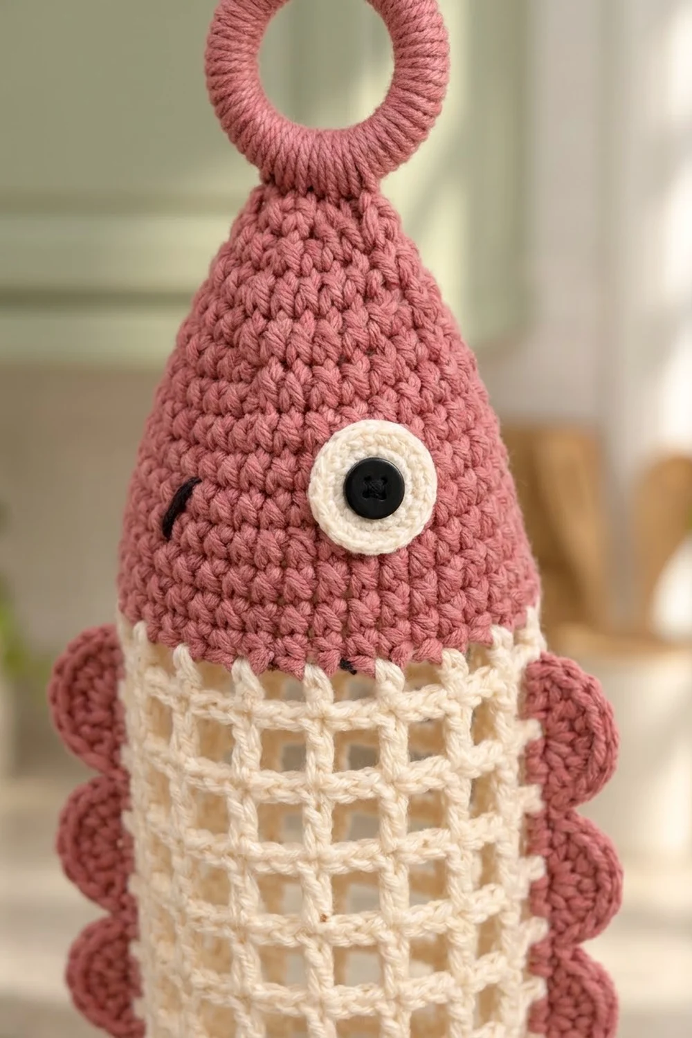 Pink crocheted stuffed toy featuring textured stitching, black button eye, and cream lattice-patterned belly section.