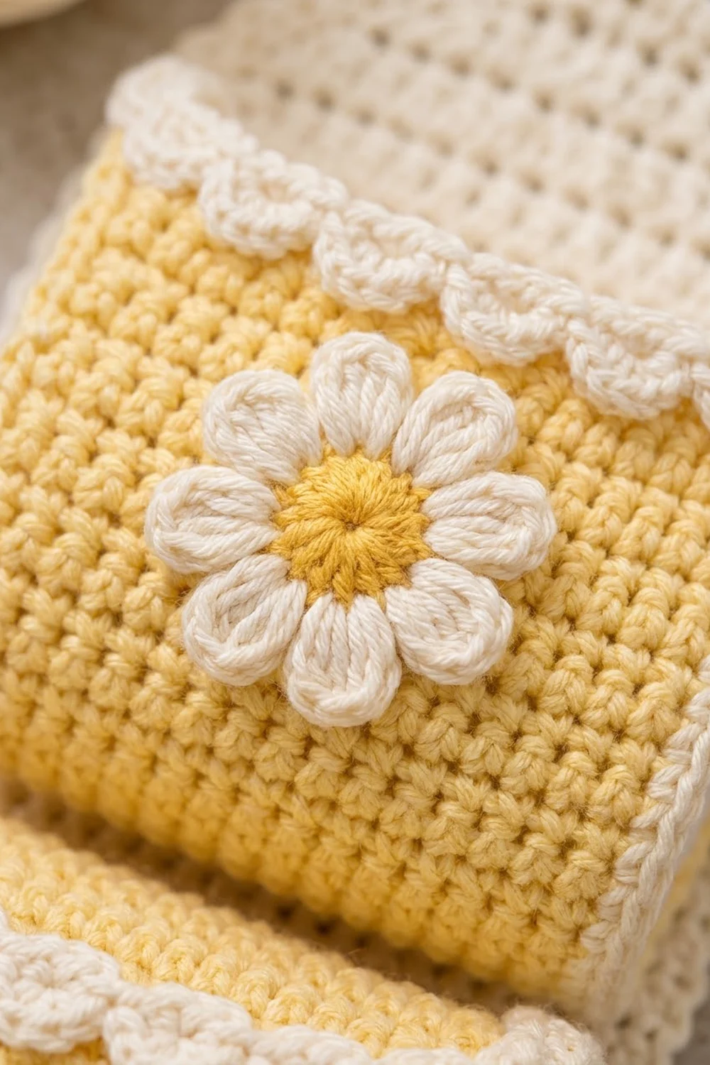 White and golden crocheted daisy appliqué with scalloped cream trim on a yellow knit garment.