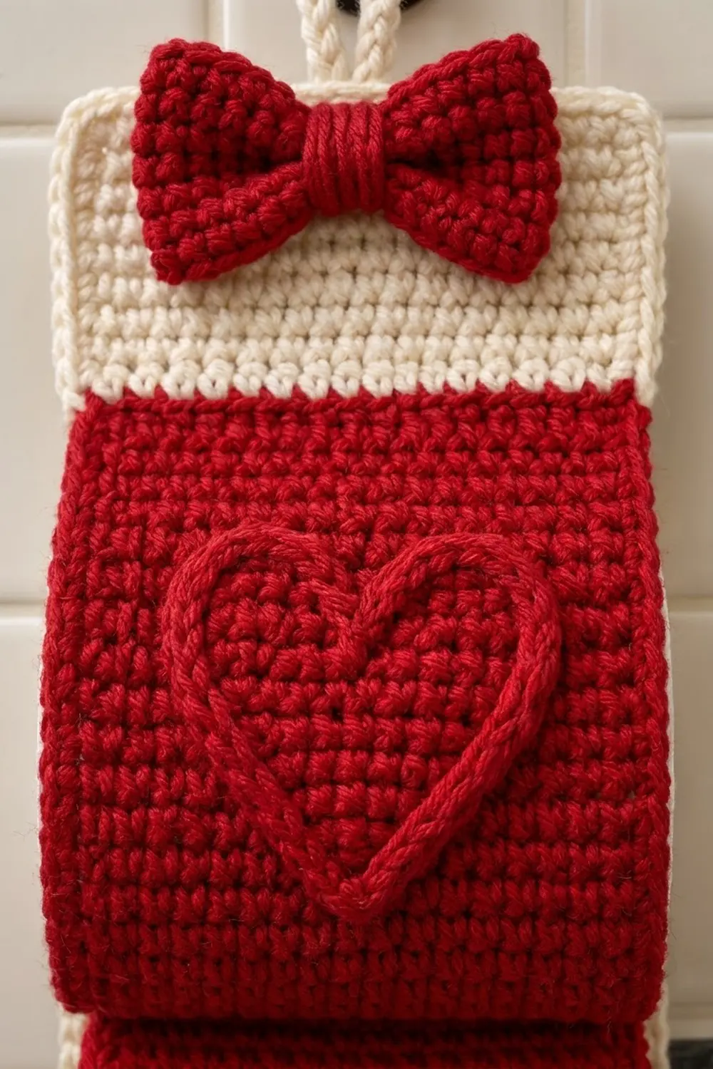 Crocheted red and cream bag with decorative bow, white picot trim, and a textured red heart detail on the front panel.