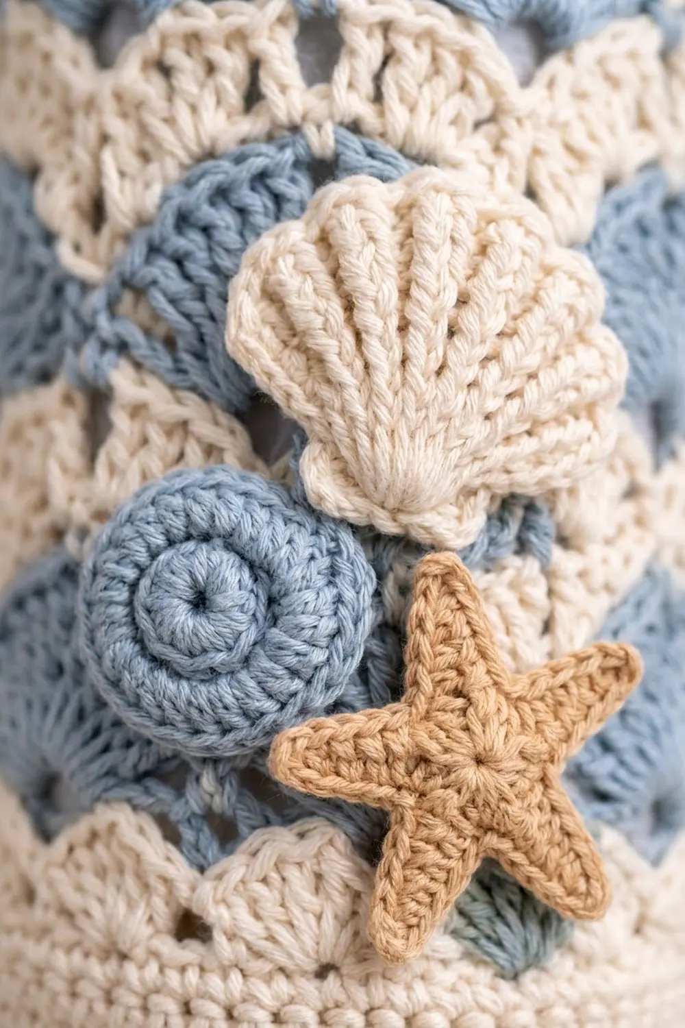 Crocheted ocean motifs featuring a blue spiral shell, tan starfish, and cream scallop display intricate yarn detailing.