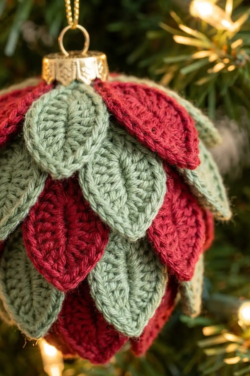 Crocheted poinsettia ornament in deep red and sage green with a gold metal cap, hanging among evergreen branches and lights.