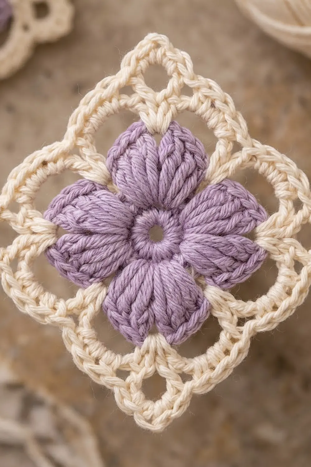 Crocheted flower with lavender petals and cream-colored square border on blurred neutral background.