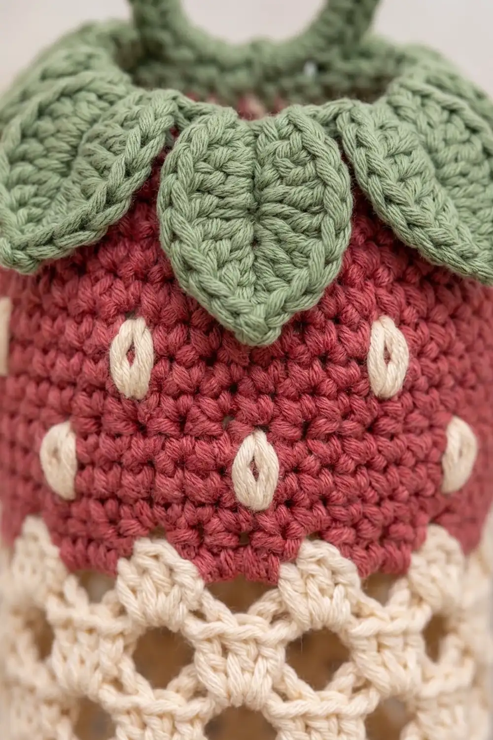 Crocheted amigurumi doll featuring a burgundy body with cream details and sage green textured knitted head.