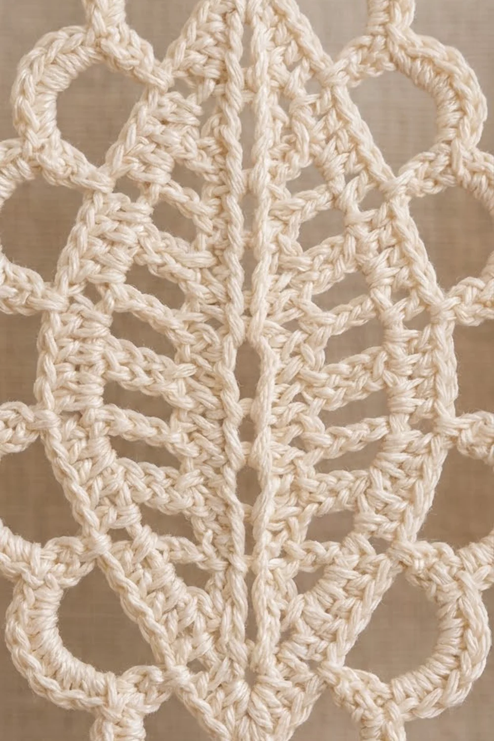 Close-up of cream-colored crochet with an open geometric lace pattern and clearly visible textured stitches.