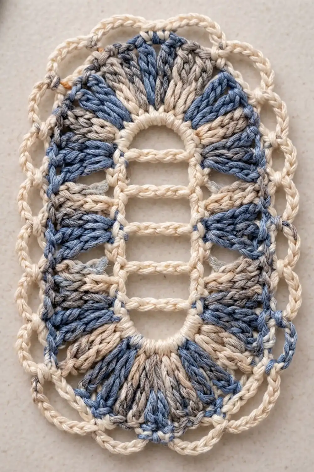 Crocheted textile featuring cream braided borders and alternating blue-and-tan striped sections around geometric rectangular openings.