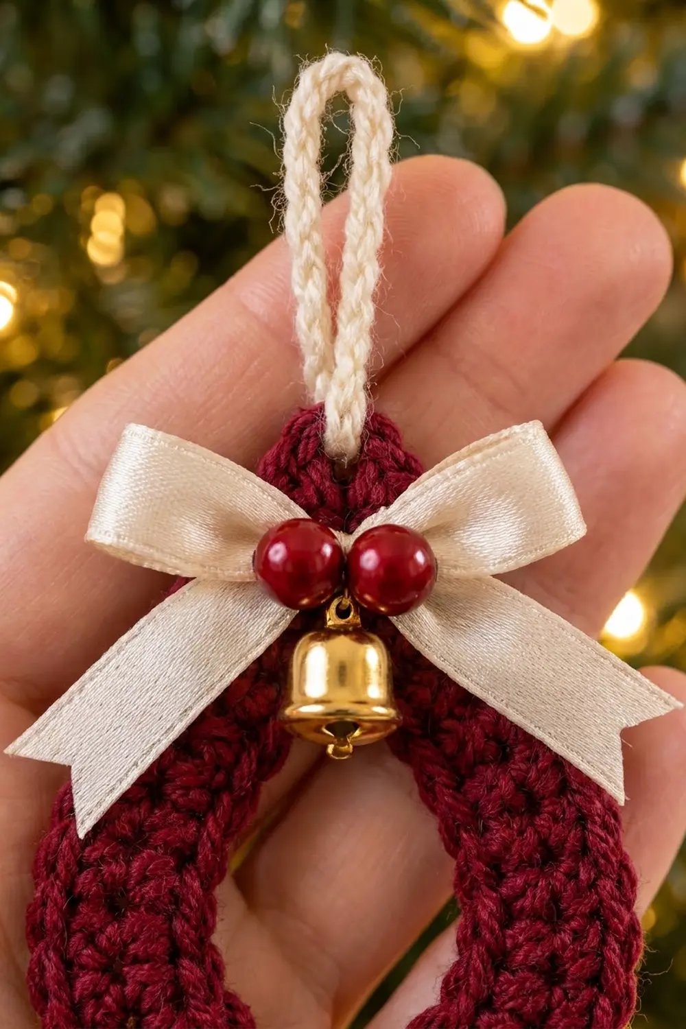 Handmade crocheted ornament with dark red body, cream bow, red beads, and gold bell in hand against warm holiday lights.