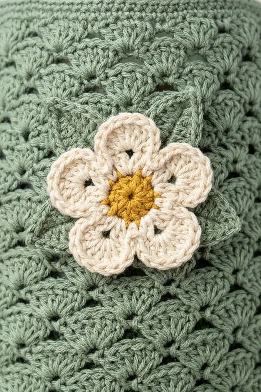 Cream and yellow crocheted daisy flower on a textured sage green crocheted fabric background.