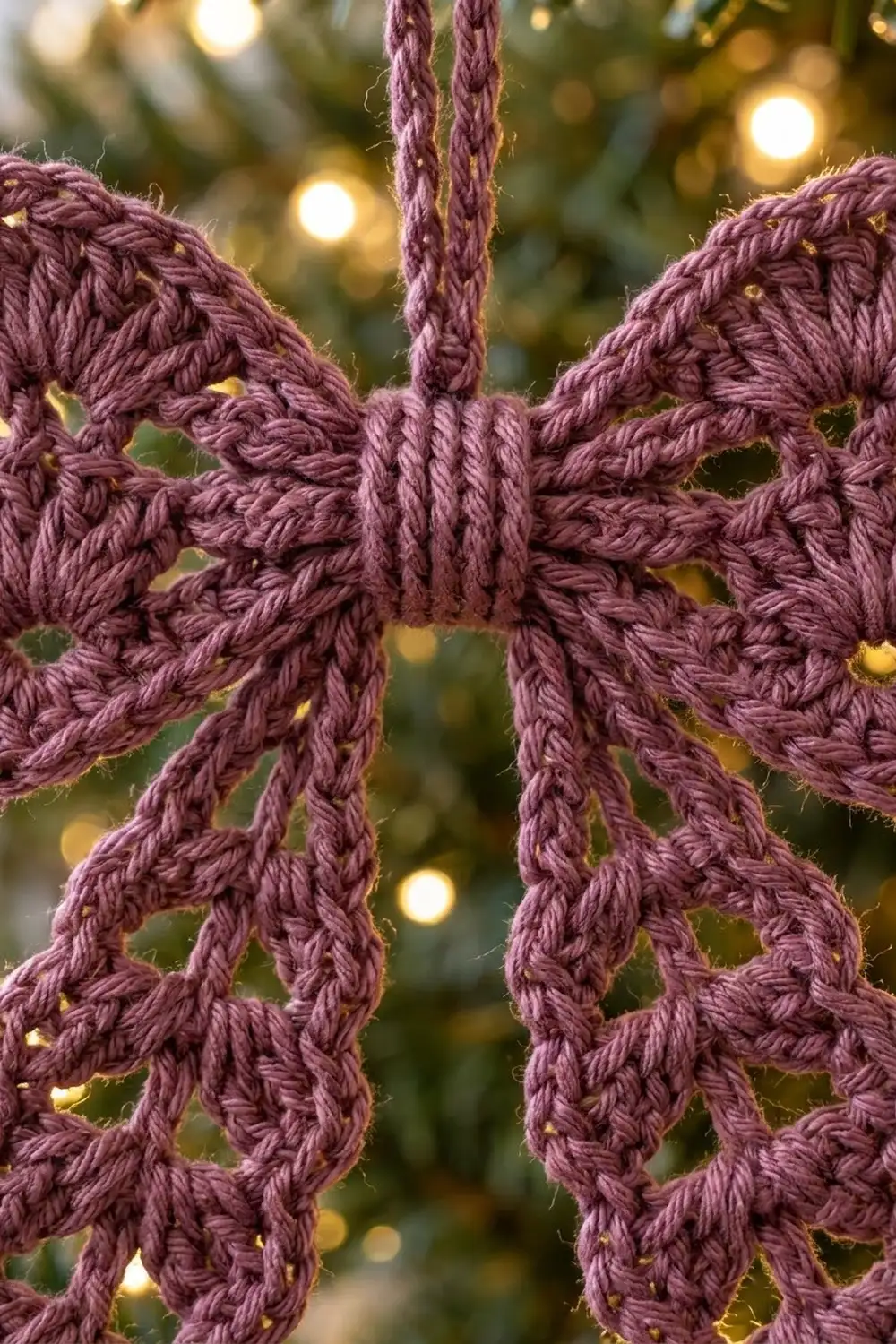 Burgundy crocheted snowflake ornament with intricate lace pattern, photographed against warm golden holiday lights.