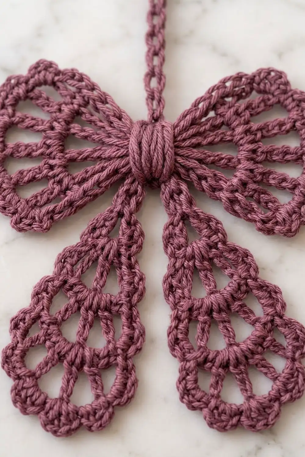Dusty rose crocheted ornament with symmetrical looped wings and twisted center band on marble.