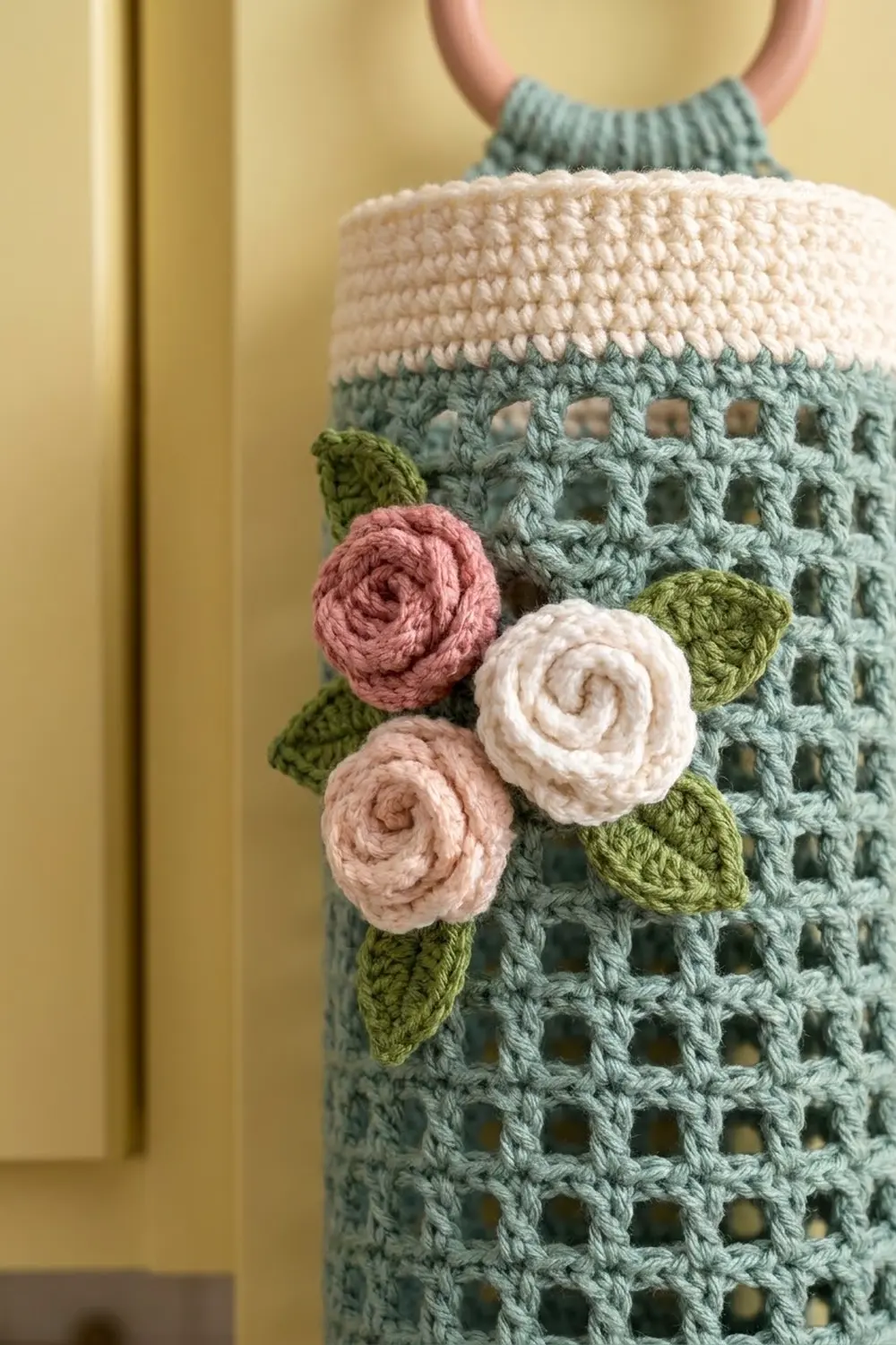 Three crocheted fabric roses in pink, cream, and mauve with olive leaves on a sage-green mesh weave background.