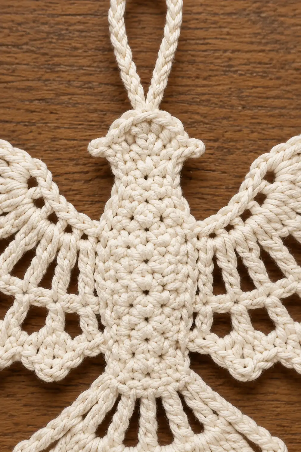 Cream-colored macramé angel ornament with braided wings and body detail hanging against a wooden background.