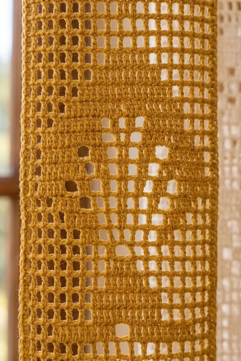 Mustard-yellow crocheted fabric displaying a gradient from open-work mesh squares to dense textured stitching below.