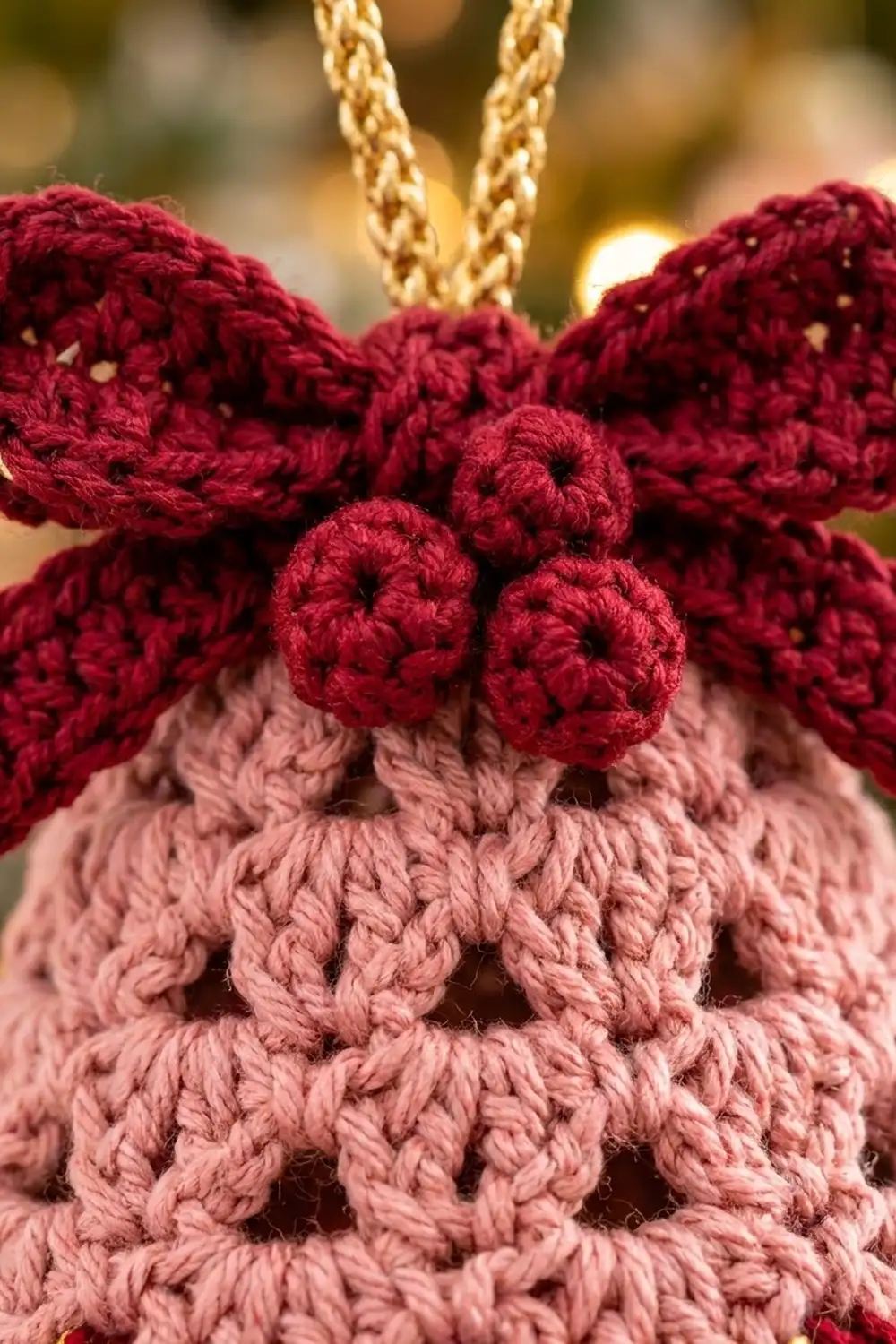 Close-up of a crocheted ornament with deep red ball details and pink body suspended on a golden chain.