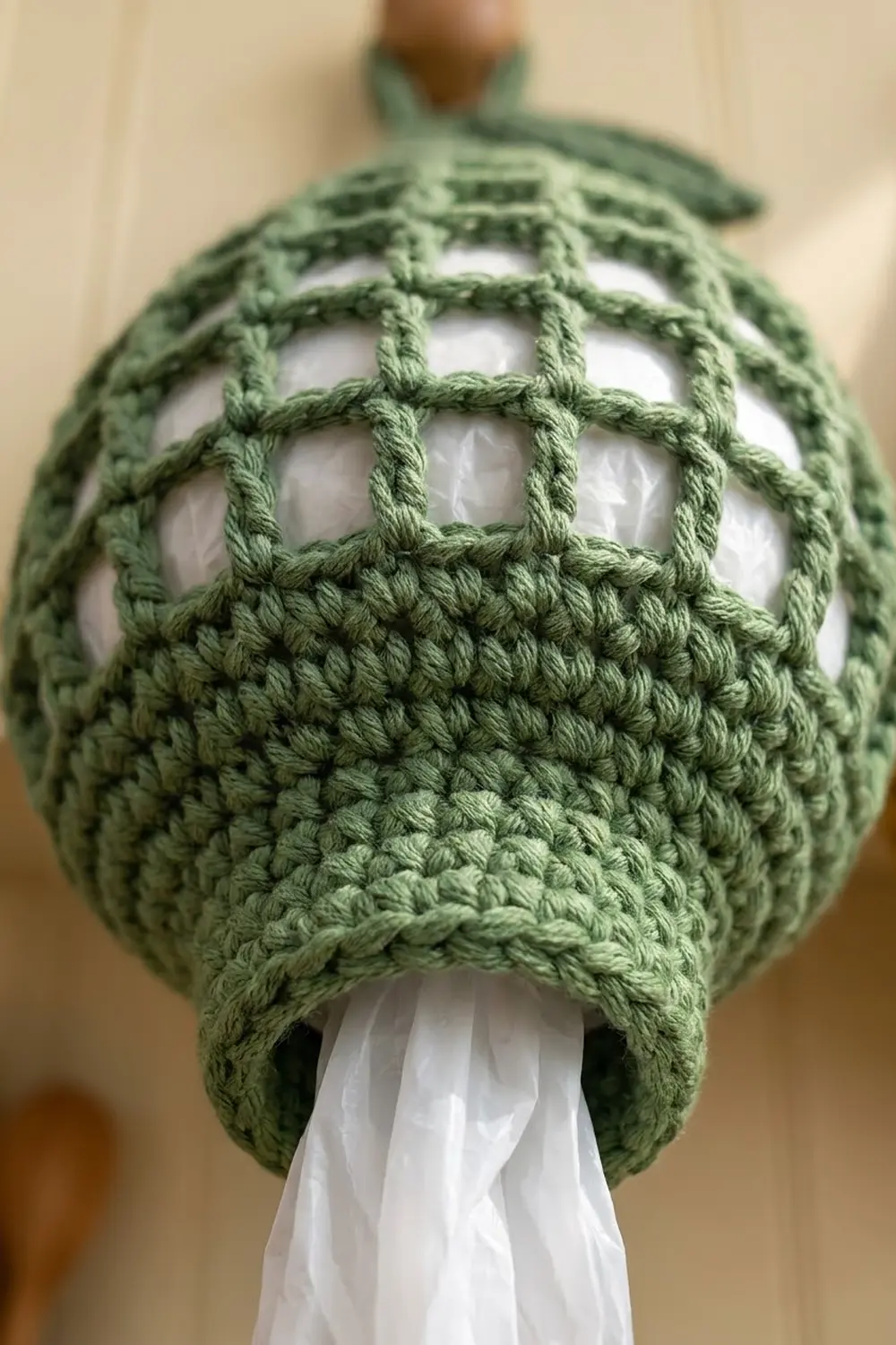 Sage green crocheted fabric with open lattice weave above dense stitching, revealing white fill and yarn texture detail.