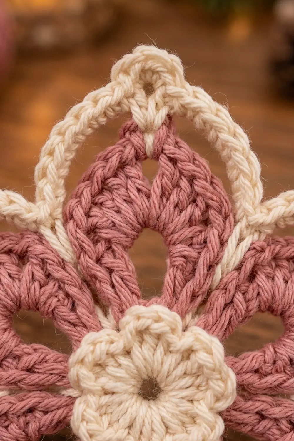 Crocheted textile detail showing cream and mauve yarn with twisted rope trim and scalloped flower edge against warm blurred background.