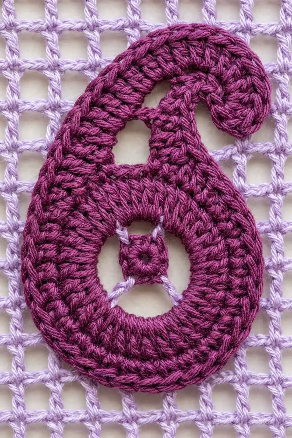 Deep magenta crocheted letter with visible texture detail against a pale lavender crocheted mesh background.