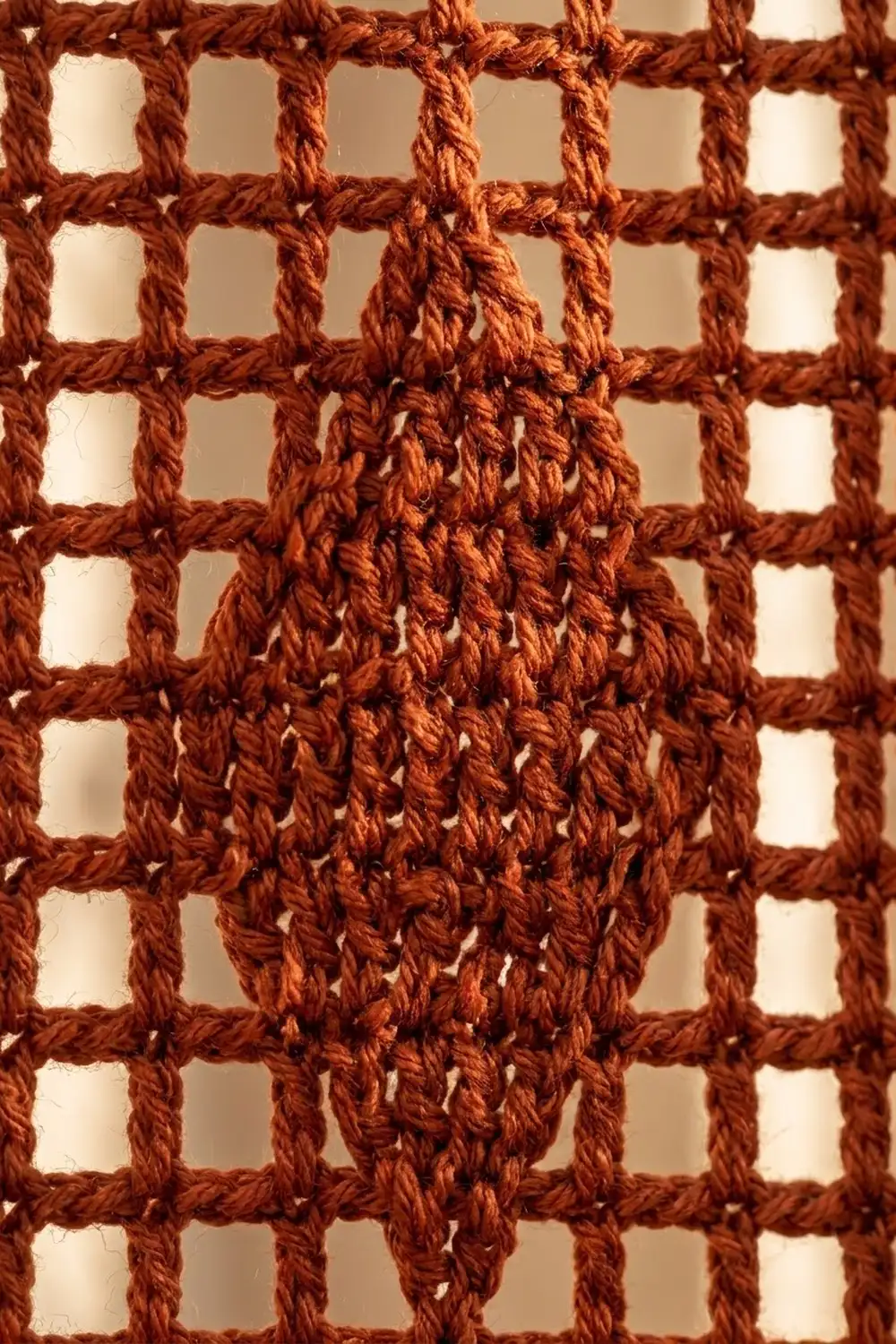 Rust-toned crocheted lattice with open squares and textured floral motif creating dimensional openwork pattern.