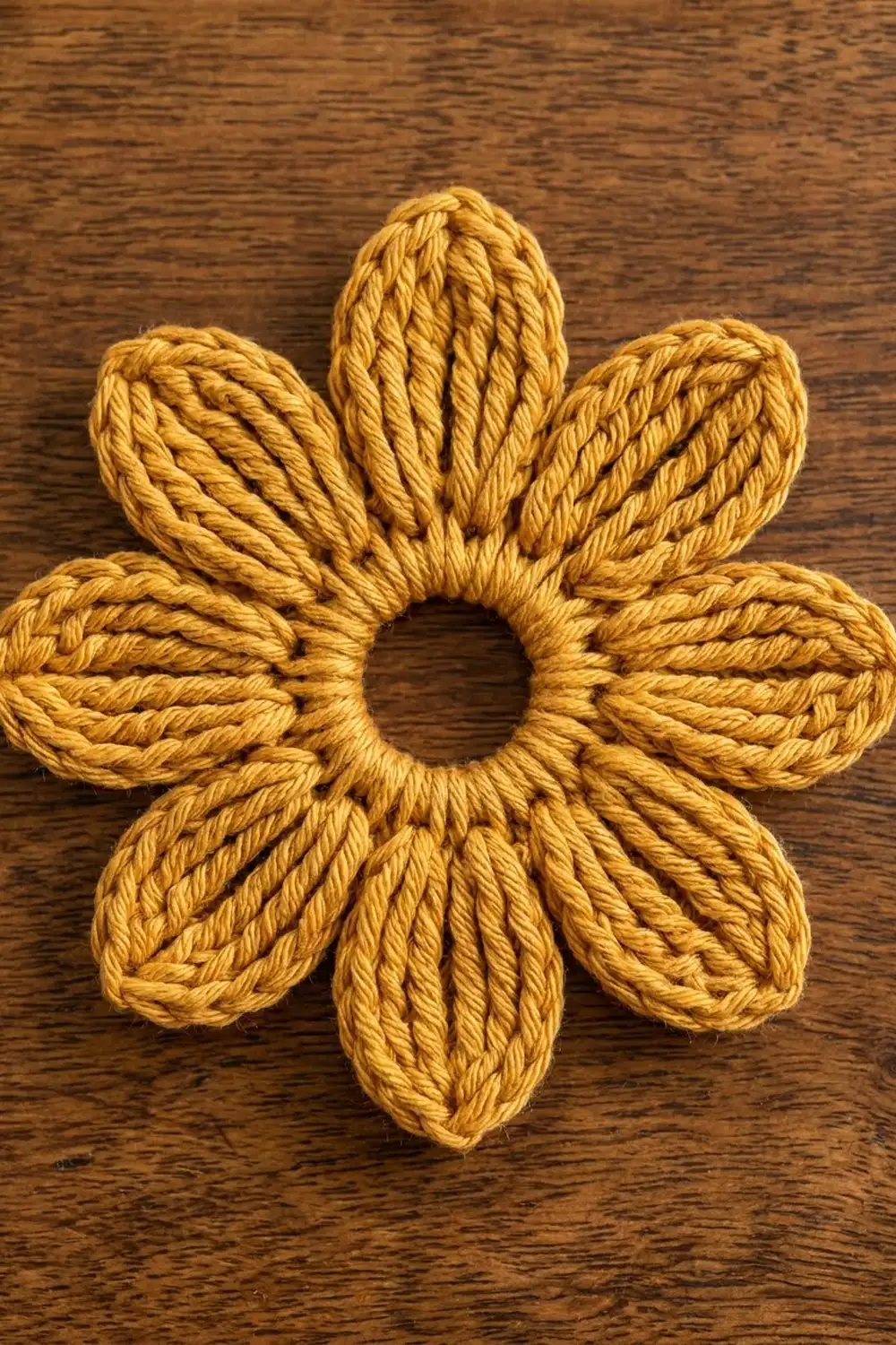 Golden braided-rope flower with eight petals photographed on a dark wood background.