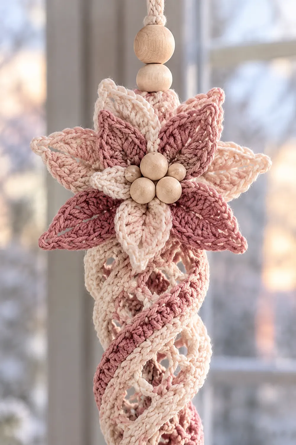 A crocheted flower ornament in pink and cream with wooden beads, hanging by a rope in front of a window.