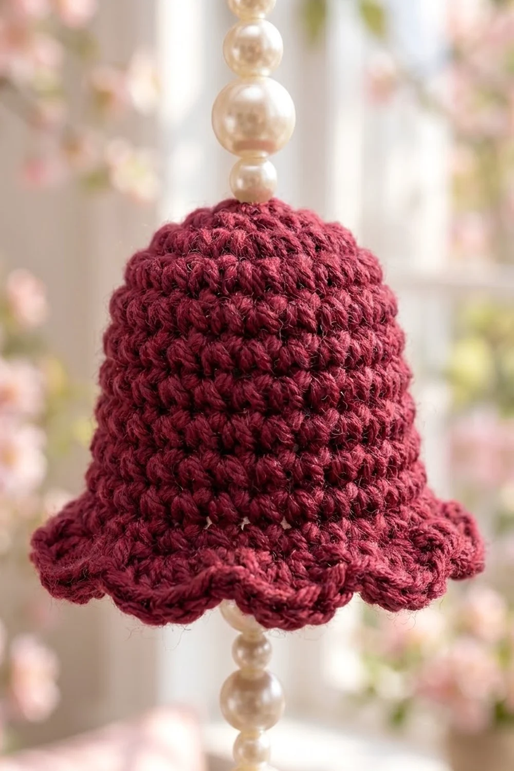 Wine-colored crocheted bell ornament with bumpy texture and cream pearl beads strung vertically against a softly blurred background.