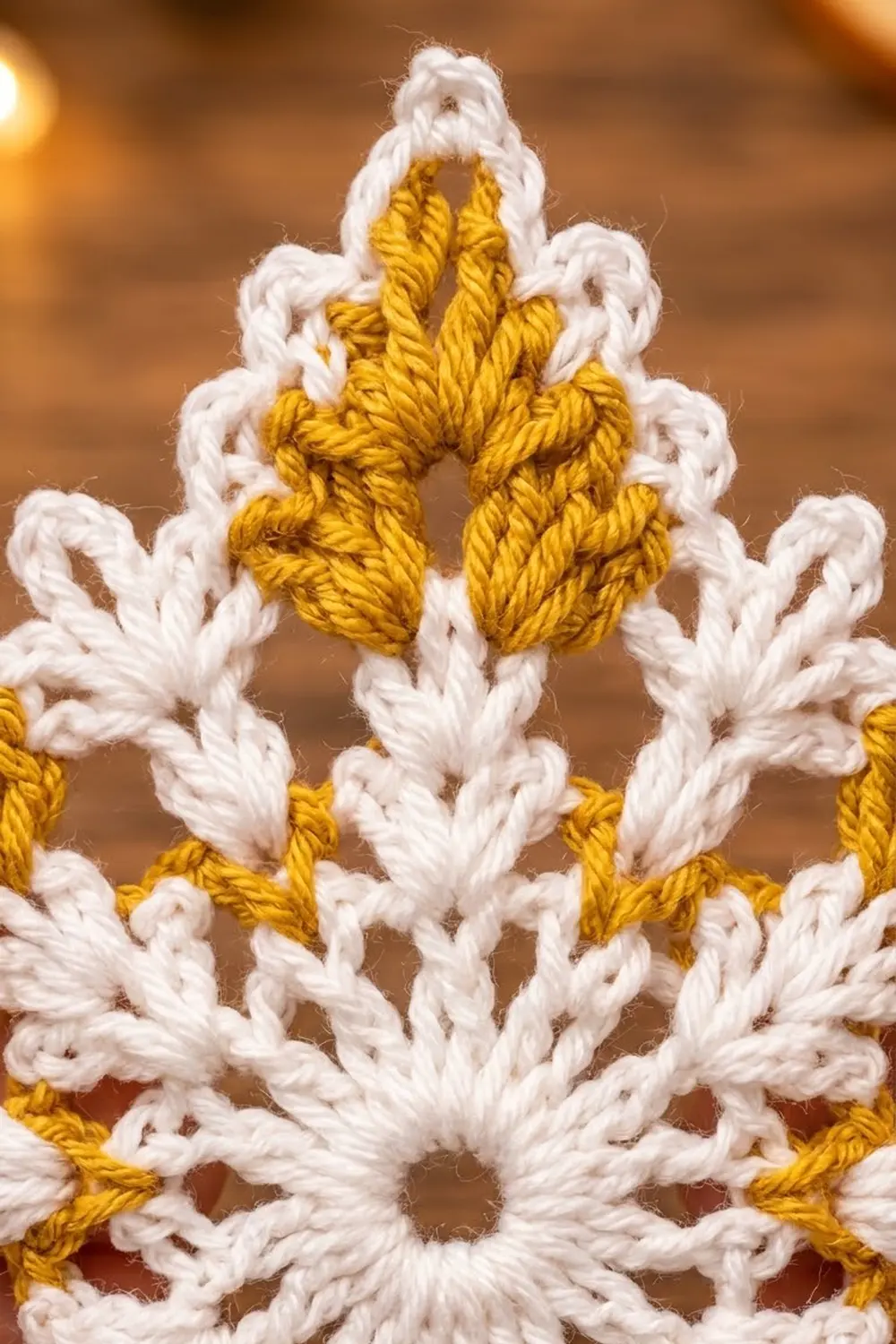 A crocheted pattern featuring a golden star motif surrounded by intricate white baroque scrollwork.