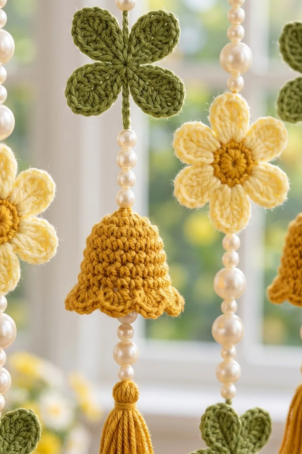 Crocheted hanging garland with golden bell, pale yellow flowers, green four-leaf clover, and pearl bead strands against blurred garden background.