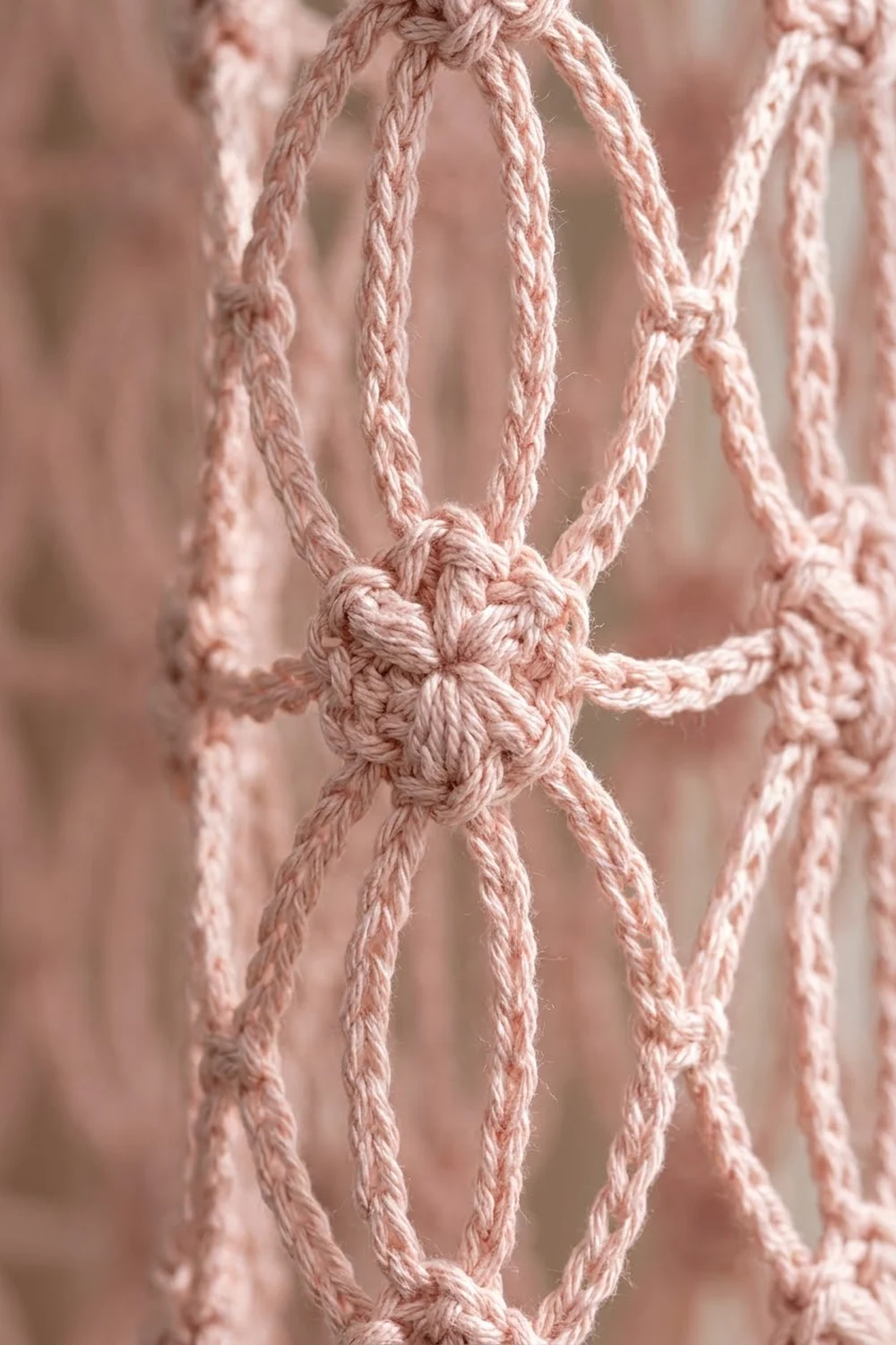 Pale pink braided rope tied with a detailed square knot against a softly blurred background.
